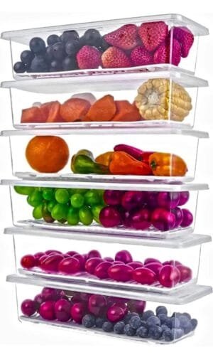 Fridge Storage Boxes Pack Of 6, Fridge Organizer with Removable Drain Plate and Secure-Sealing Lid, Fridge Storage Boxes Keep Fruits, Vegetables Fresher, Container Box, 1500 ML