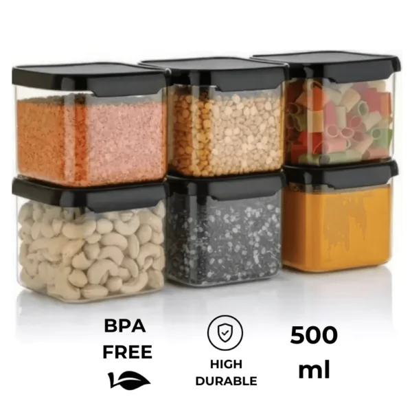 Airtight Storage Containers for Kitchen & Pantry, BPA-Free Plastic Jars for Flour, Sugar, Cereal, Spices – Space-Saving, Stackable, Transparent Food Storage (Pack of 6, 500ml)