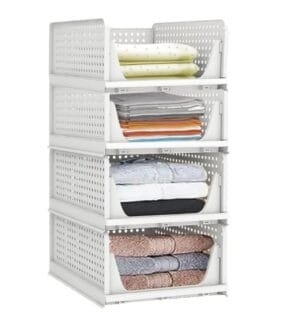 Pack of 4 Pcs.(Large) Clothes Shirt Stacker Organizer, Cupboard Foldable Stackable Multipurpose Adjustable Sliding Tray Basket , White