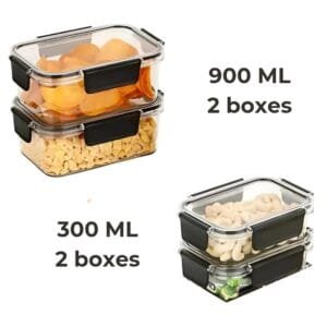 Air Tight Plastic Storage Boxes I Container For Kitchen , Pantry & Fridge Organizer I Grocery food Lid Lock storage containers ( 900 ml- Set of 2 boxes ) ( 300 ml - Set of 2 boxes )