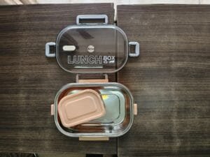 Airtight Steel Lunch Box , 2 Compartments & Spoon – 1000ml BPA-Free Tiffin Box with Transparent Locking Lid