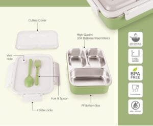 3 Compartment Stainless Steel Lunch Boxes with Removable Inner Plate - 750 ml