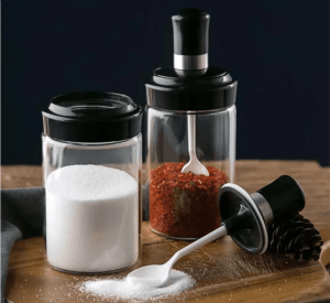 Set of 2 Glass Spice Jar with Integrated Spoon & Airtight Lid (250ml Approx )