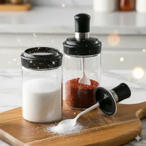 Set of 2 Glass Spice Jar with Integrated Spoon & Airtight Lid (250ml Approx )